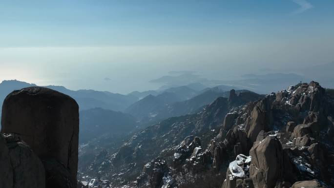 冬季青岛崂山 雪后巨峰航拍 海上仙山