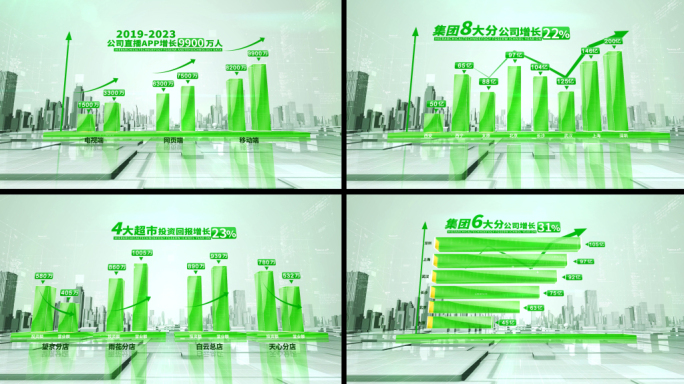 简洁绿色环保科技三维城市企业数据柱状图