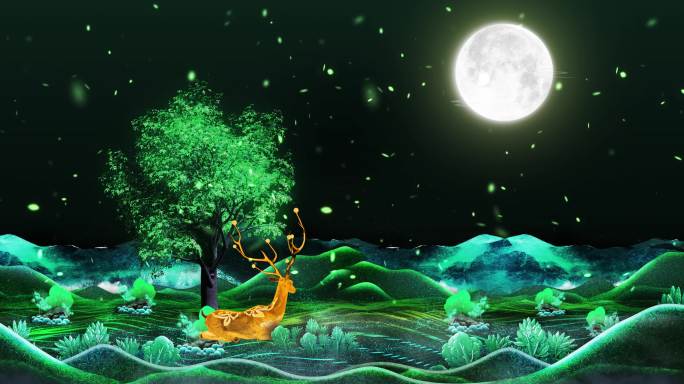 四季 夏天夜景 麋鹿 唯美星空 绿色草地
