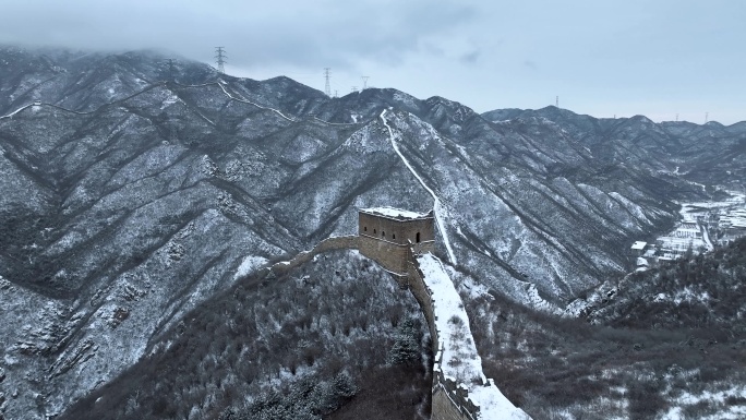 航拍雪后北京延庆八达岭石峡关长城D