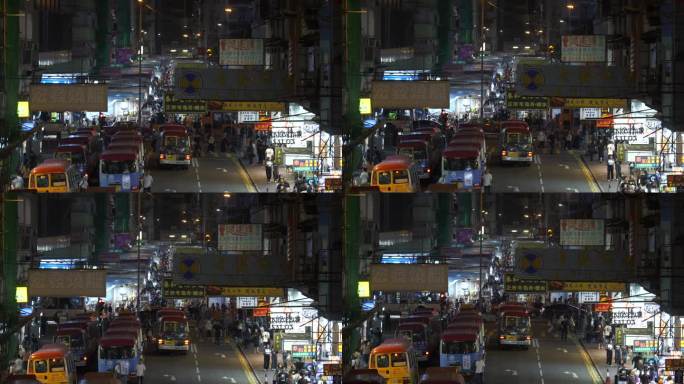 香港旺角街道夜景巴士站霓虹灯招牌车流