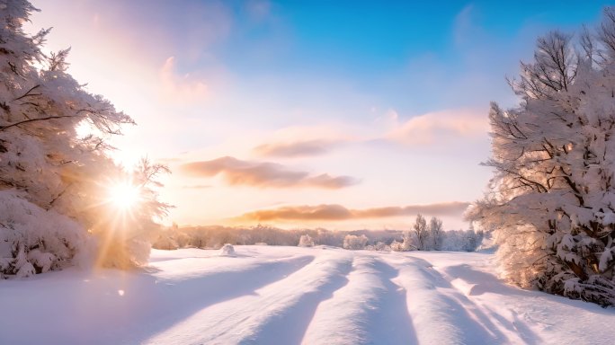 AI素材唯美暖阳下的雪景合集