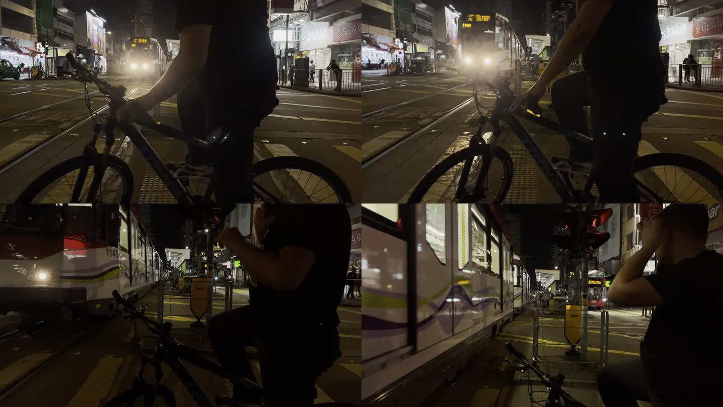香港元朗夜景十字路口地铁大巴自行车