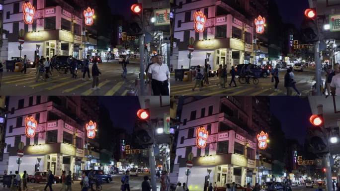 香港油麻地街景夜景华灯初上霓虹灯招牌车流