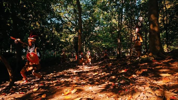 原住民在森林中表演传统舞蹈，阳光透过树木照射进来。