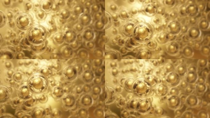 三维动画，金色的分子或原子在气泡内缓慢移动
