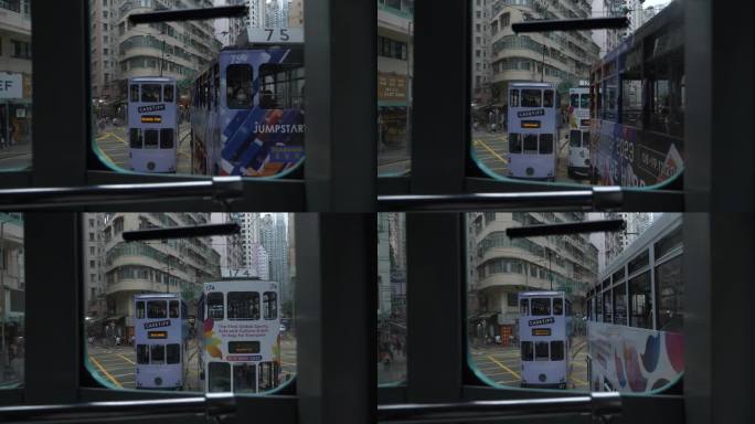 行驶中的叮叮车车内视角香港街景