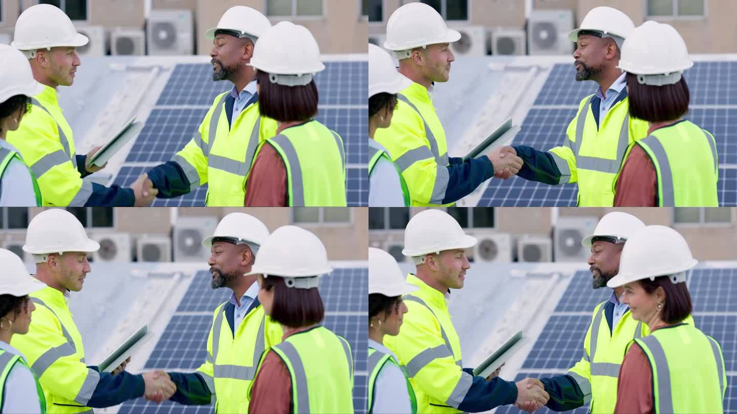 工程人员，太阳能电池板和电网安装握手，环保协议或在屋顶上表示感谢，技术人员，经理或承包商团队握手，合