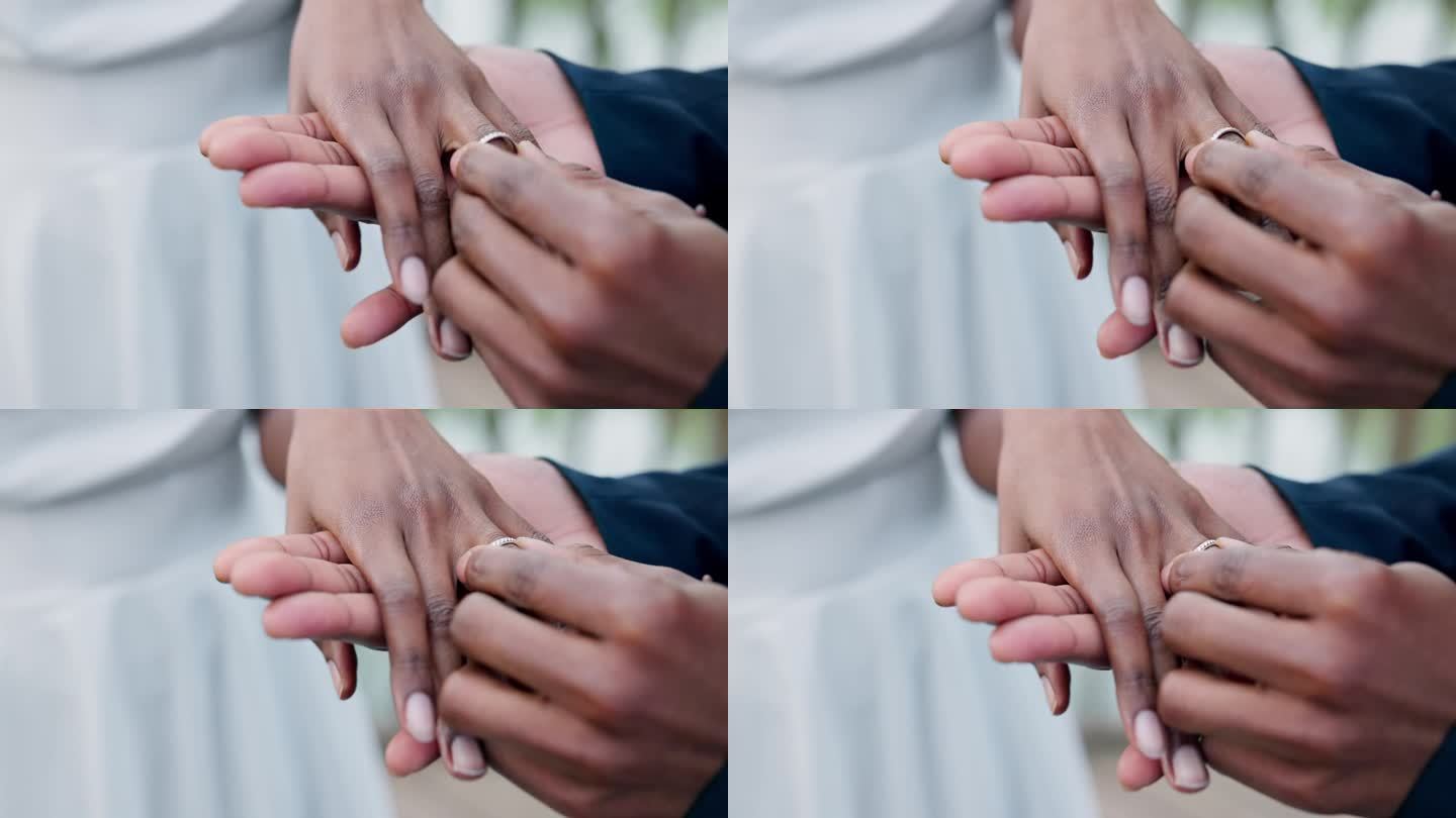 一对夫妇，手牵着手，戴着戒指，象征着结婚、爱情或婚礼的仪式、承诺或支持。人们结婚的特写，誓言或配件，