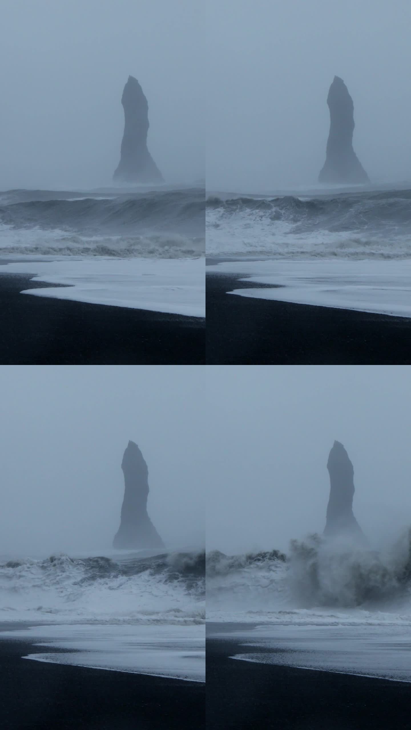 冰岛黑沙滩，海蚀柱，海洋中汹涌的波浪