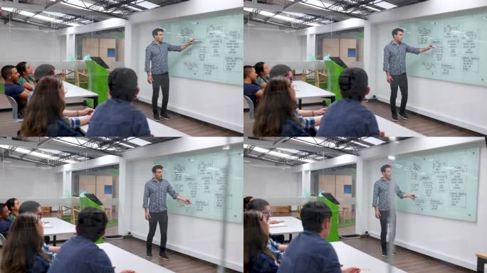 一位拉丁美洲的老师正在上IT课，并在黑板上向一群学生解释用户体验图