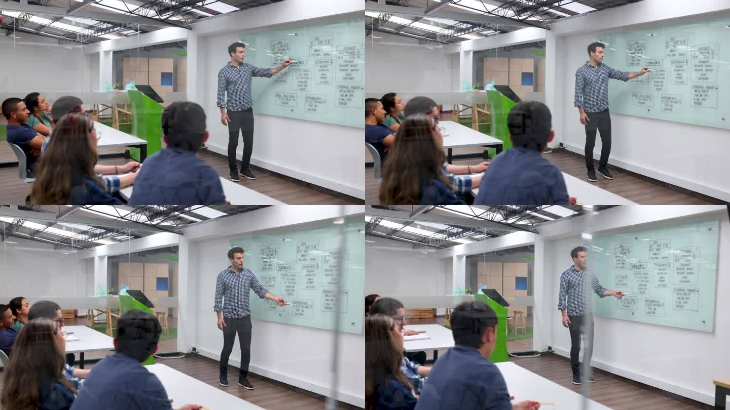 一位拉丁美洲的老师正在上IT课，并在黑板上向一群学生解释用户体验图