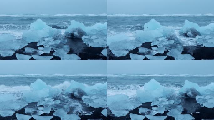 冰岛钻石冰沙滩，钻石沙滩，海浪拍打冰山