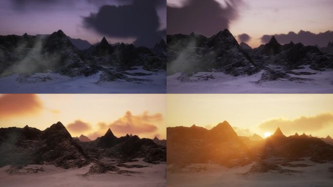 落基山脉的山峰在金色的日落天空。3d渲染艺术品。