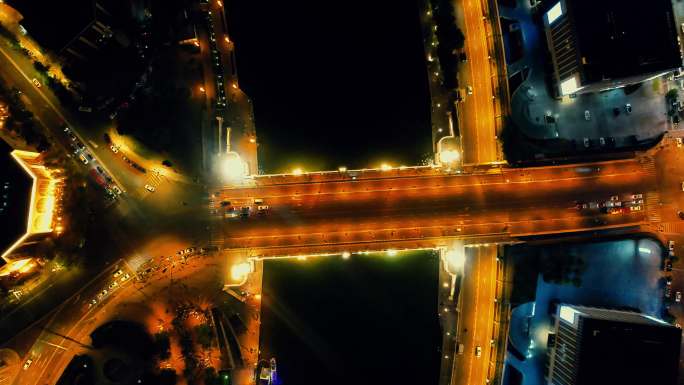 天津海河桥梁夜景灯光航拍
