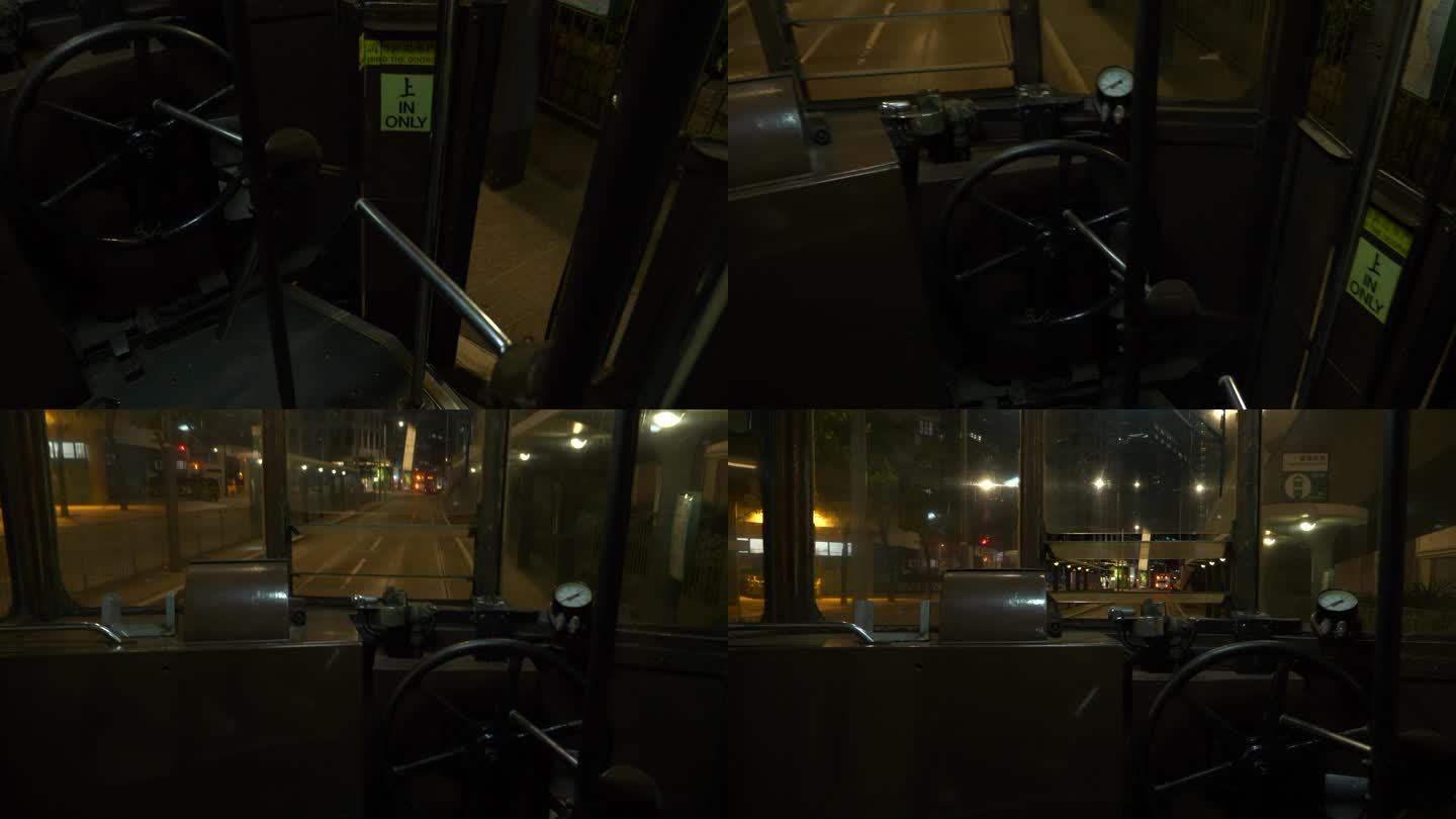 行驶中的叮叮车车内视角香港街道夜景