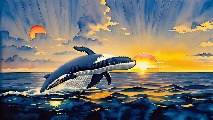 AI演绎鲸鱼跃出海面