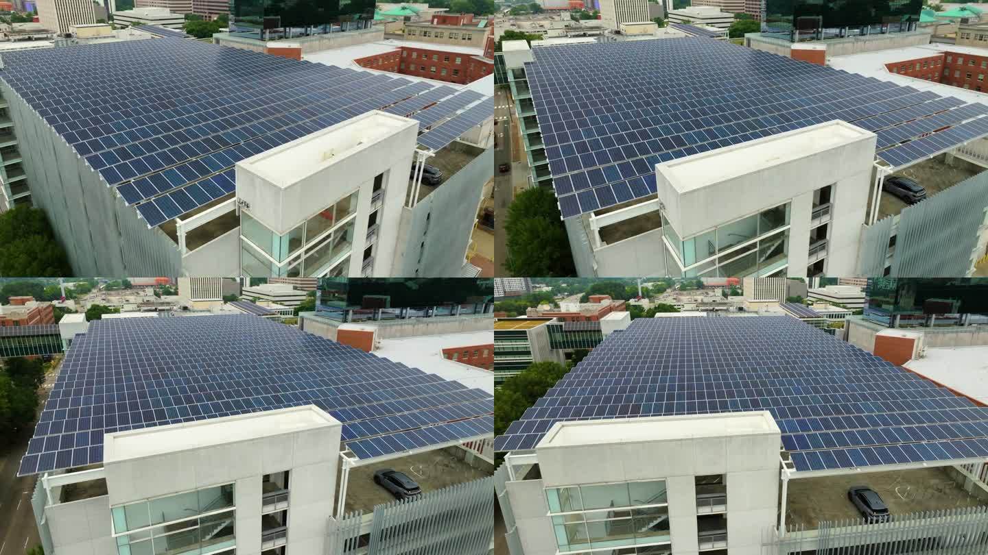 绿色电力来自安装在停车场遮阳屋顶上的太阳能电池板。光伏技术融入城市基础设施