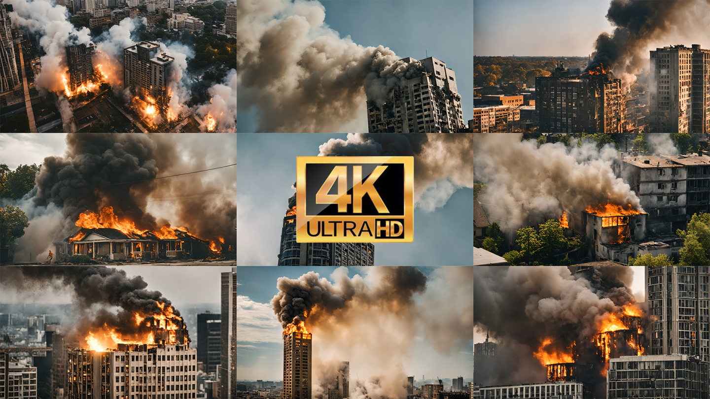 【4K】城市火灾高楼大厦起火着火浓烟滚滚