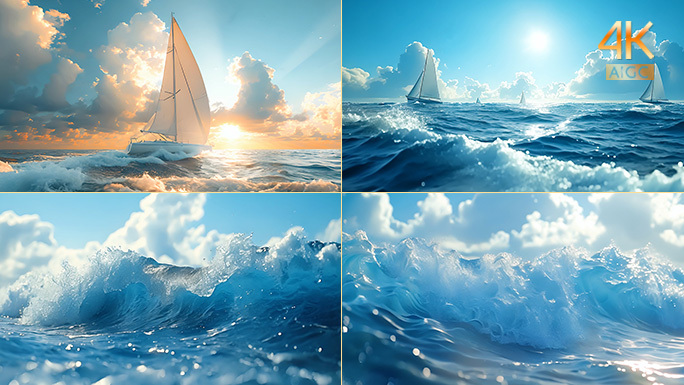 帆船航行在浩瀚的海 湛蓝清澈海水波浪翻滚