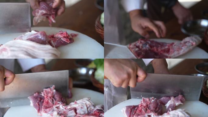 美食制作砧板上切猪肉