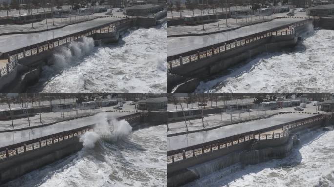 航拍威海环翠孙家疃葡萄滩海水浴场海岸海浪