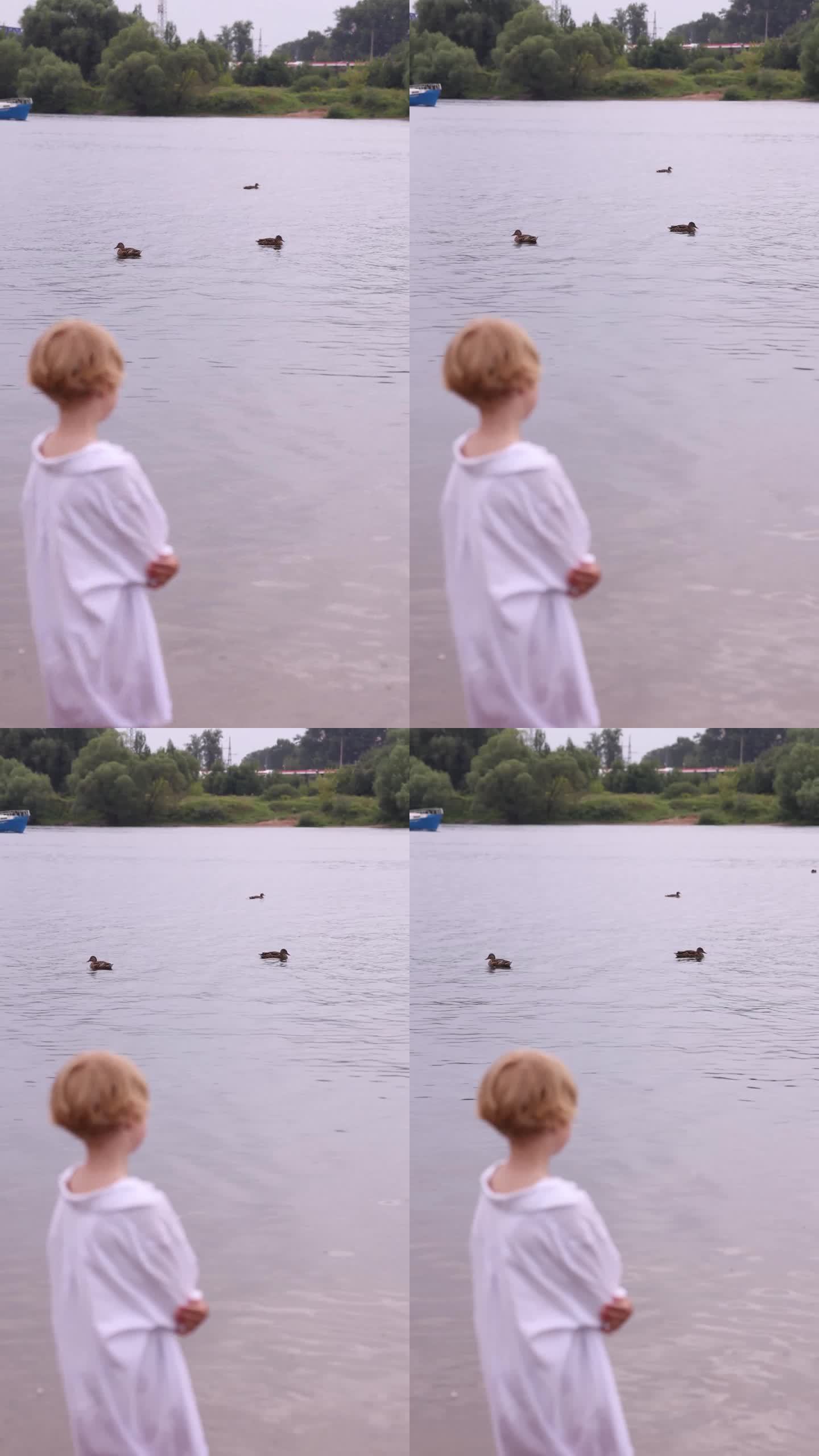 穿白衣的女孩站在岸边看鸭子