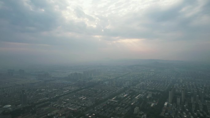 山东淄博清晨迷雾航拍