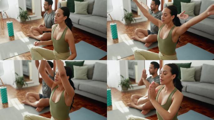 Home, meditation and couple with training, yoga an