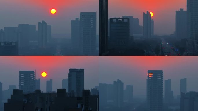2023年 雾霾天城市高楼悬日 日落时分