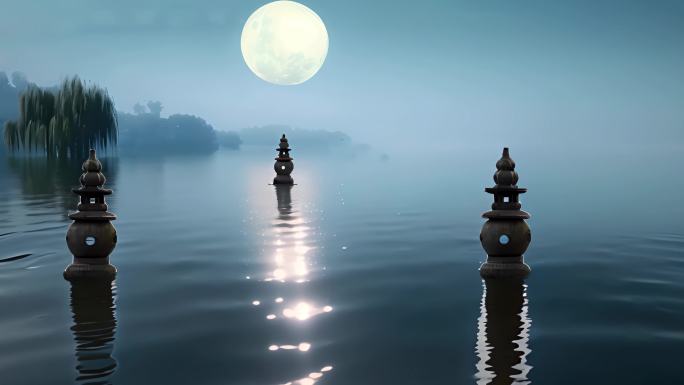 月亮升起 西湖 西湖美景 三潭映月 夜景