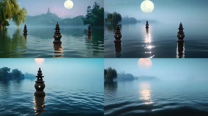 月亮升起 西湖 西湖美景 三潭映月 夜景