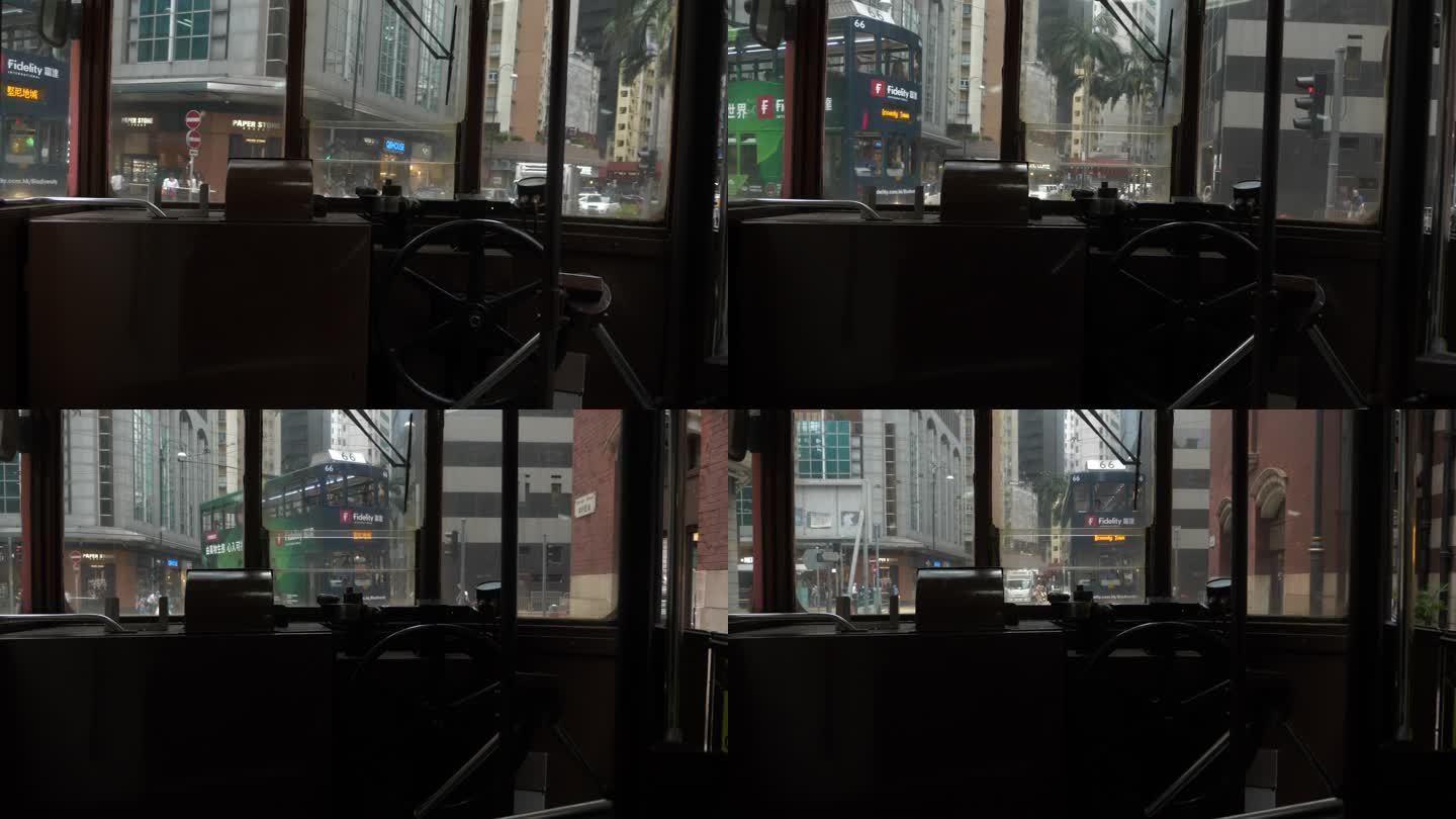 行驶中的叮叮车车内视角香港街景