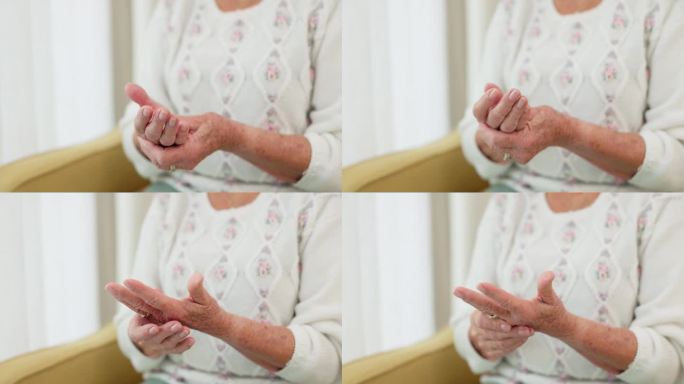 手，疼痛或关节炎，在她的护理之家有医疗损伤或关节风险的老妇人的特写。保健，疼痛或腕管与一个成熟的居民