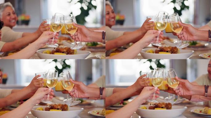 快乐的家庭，手和欢呼晚餐庆祝一起吃饭或支持在家里。团体，酒杯特写或人们在餐桌上吃东西，喝东西或在早午
