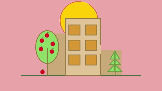 有苹果树和圣诞树的动画建筑，在它附近，太阳在周围盘旋