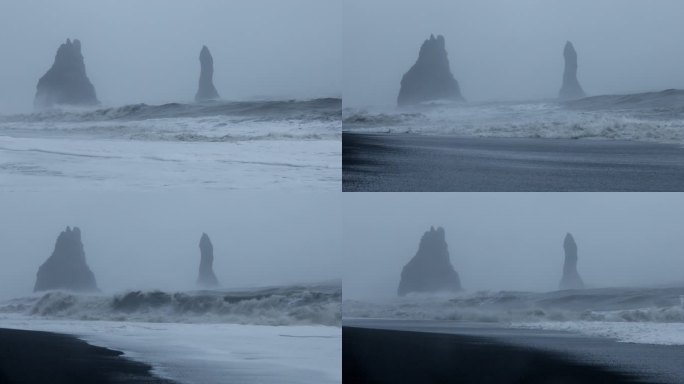 冰岛黑沙滩，海蚀柱，海洋中汹涌的波浪