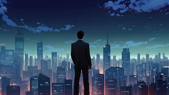 年轻商务男性看城市夜景背景动画
