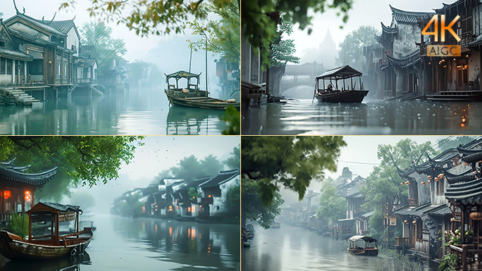 江南水乡风情 雨中的优雅恬静 水墨画卷