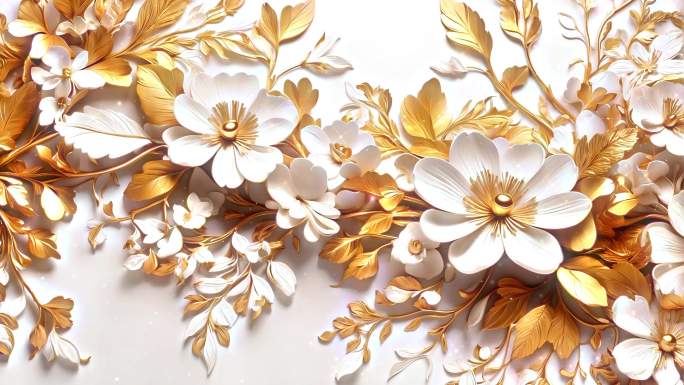 4K唯美抽象壁画雕刻白色金色花朵平面背景