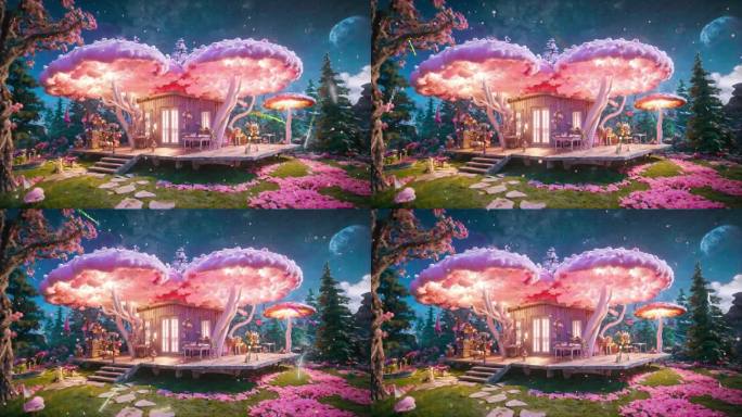 粉色蘑菇森林屋夜景（舞台背景）