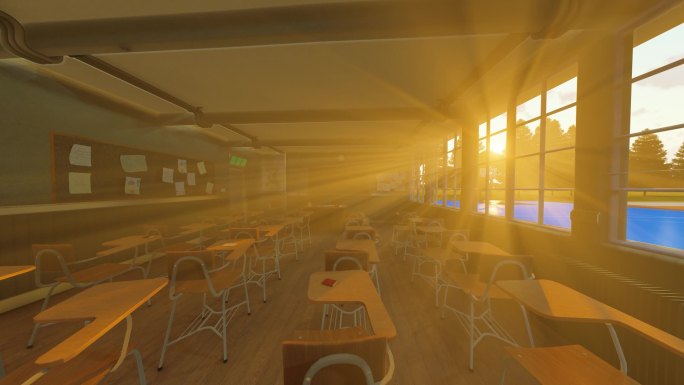 太阳光照进空教室的窗户视频