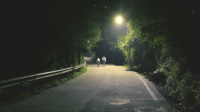 夜晚马路灯光下的行人孤独氛围寂静城市小路