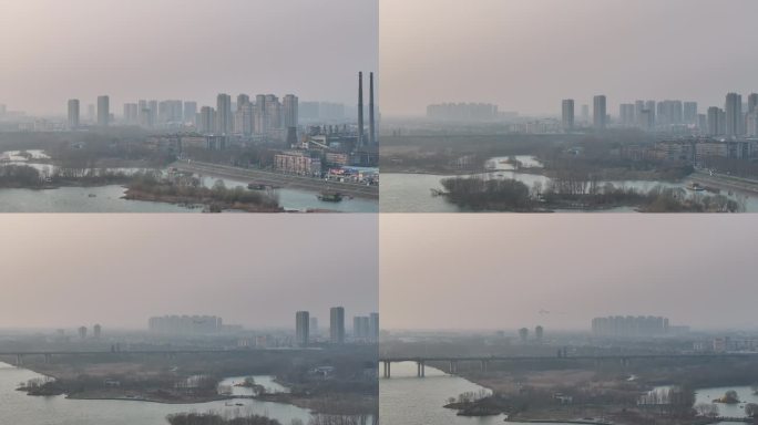 航拍襄阳汉江樊城飞鸟群城市风光自然风景