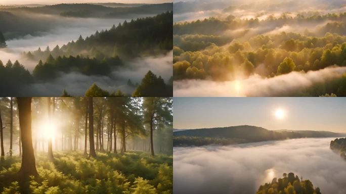 AI素材森林光影云雾清晨山间云雾大自然