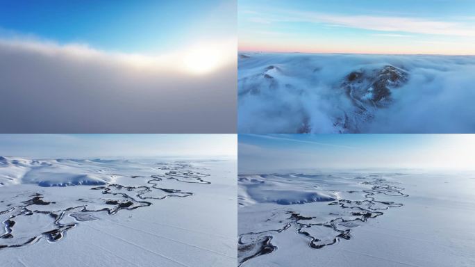 4K航拍冬日冰雪 九曲湾 云海 雪原雪地