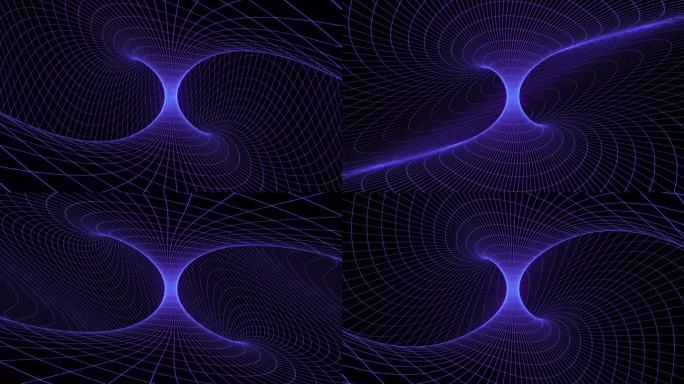 循环3d动画，视觉特效蓝色漩涡网格，科幻。抽象循环背景。技术，VJ概念。明亮的Led灯未来隧道。无缝