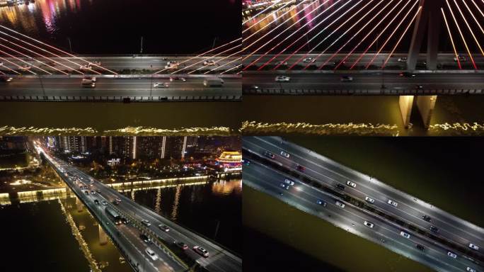 航拍城市夜晚大桥夜景车辆行驶交通繁忙