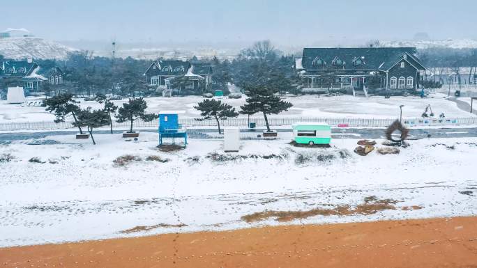 山东日照婚庆公园海边雪景航拍4K视频