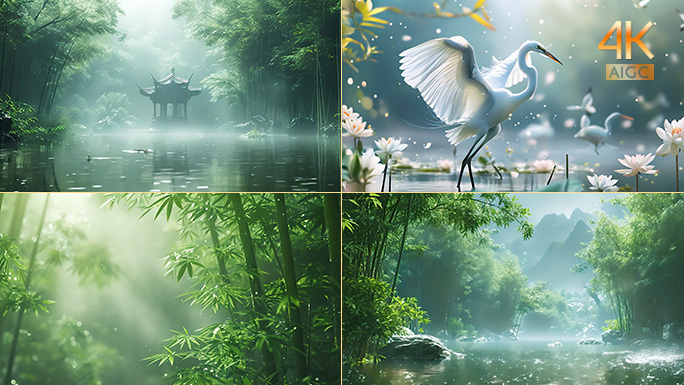 中国风竹林庭院清幽小径 池塘白鹭优雅恬静